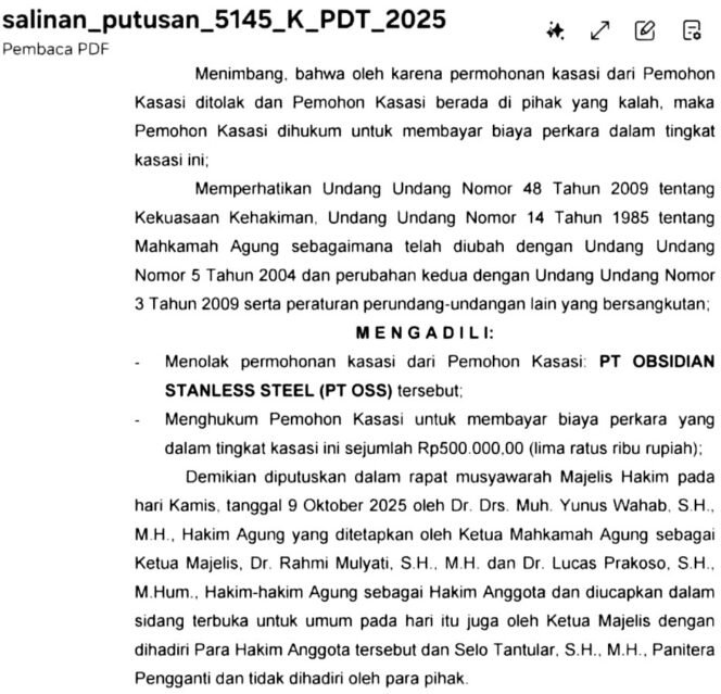 
Terima Salinan Kasasi, Ainun Indarsih Cs Ajukan Permohonan Eksekusi lahan PT OSS