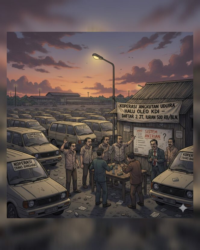 
Ilustrasi sisi gelap bisnis transportasi bandara Halu Oleo yang dibalut Koperasi